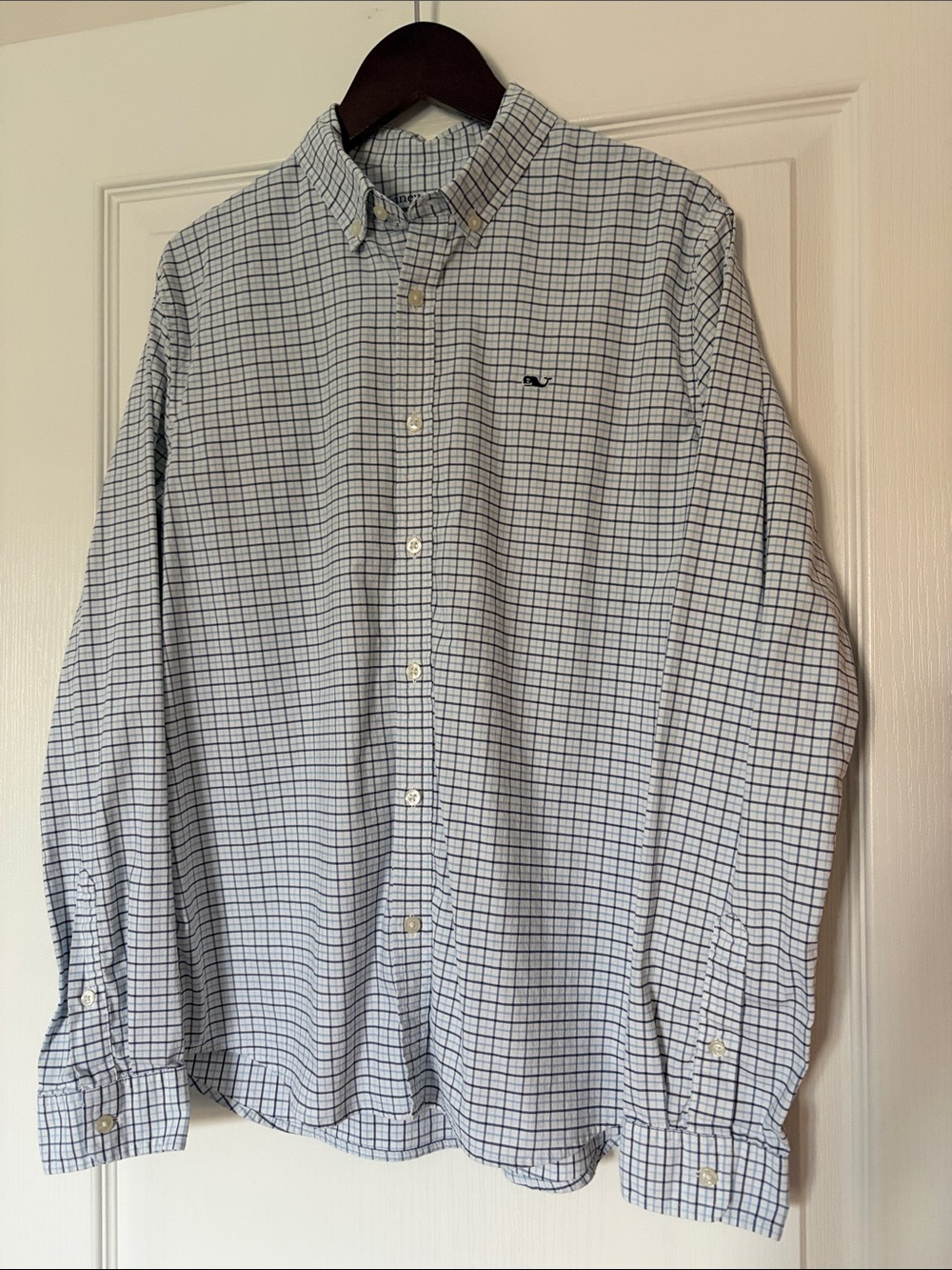 Vineyard Vines Boy’s White Button-Down Shirt with Blue Windowpane Plaid Size XL